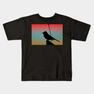 Black Phoebe on Sign Silhouette on Tuscan Sunset Kids T-Shirt